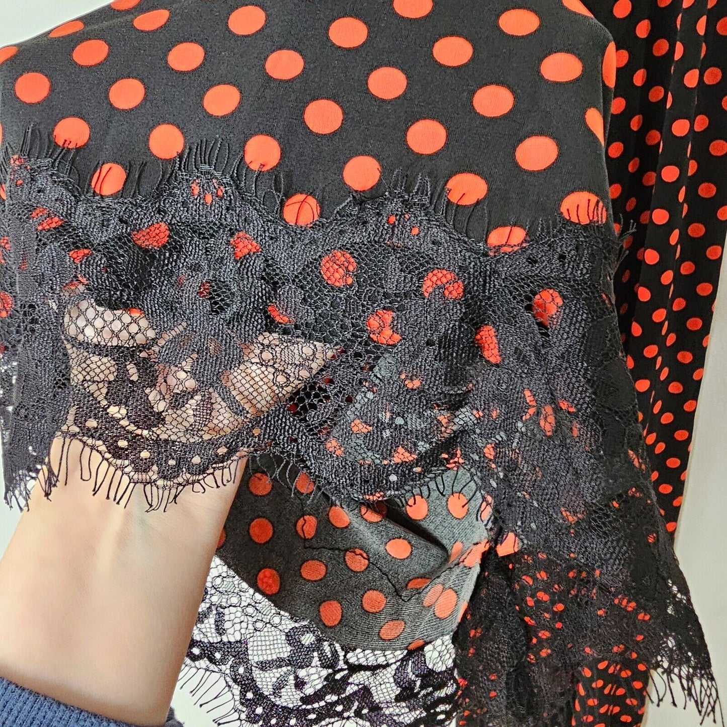 NWOT Zara Black & Red Polka Dot Black Lace Hem Wide Leg Pants Elastic Waist Med
