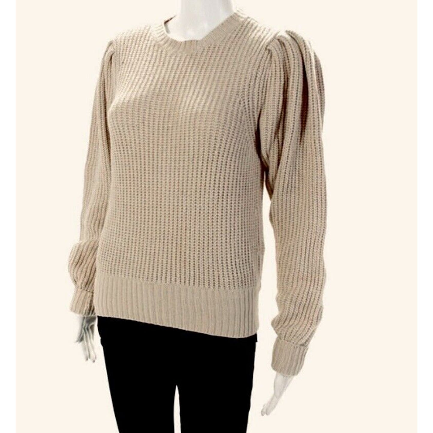Frame Tan Ribbed Cable Knit Crew Neck Balloon Puff-Sleeve Banded Crop Sweater XS