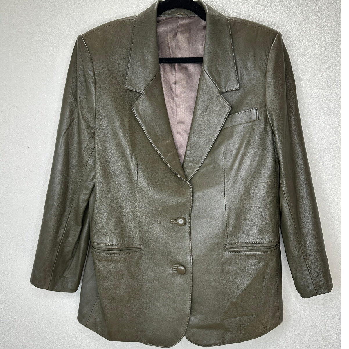 Faux Leather Green Brown Collared Front Button Blazer Jacket XL