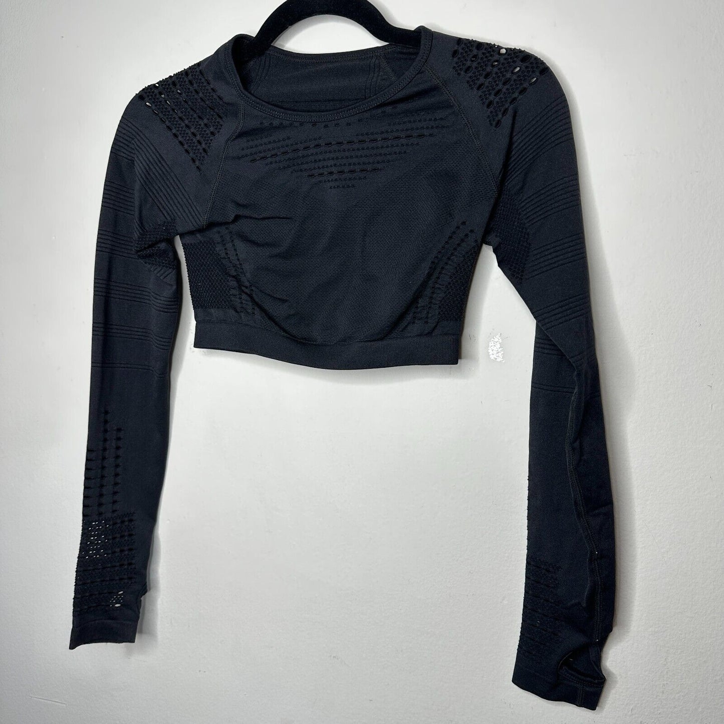 Jet Black Cropped Stretch Workout Top Long Sleeve Thumbholes Laser Cut Design SM