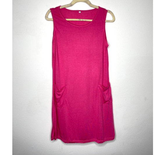 Sleeveless Hot Pink Stretch Knit Tank Mini Dress Scoop Neck Front Patch Pocket M
