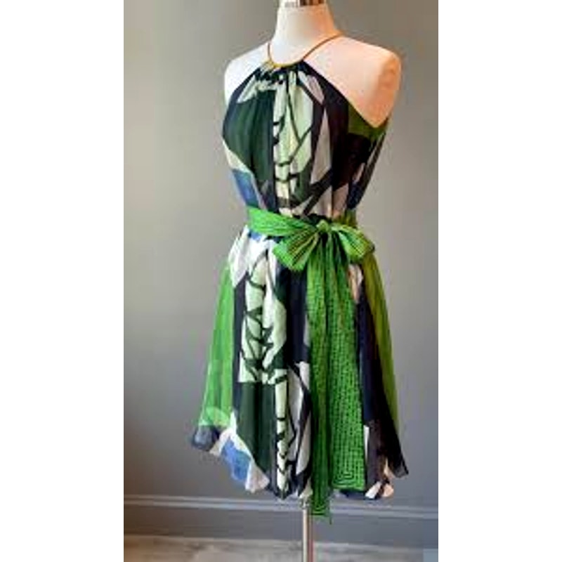 Catherine Malandrino Blue Green Cream Sleeveless Silk Tie Dress 6
