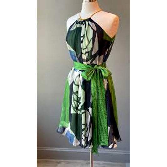 Catherine Malandrino Blue Green Cream Sleeveless Silk Tie Dress 6