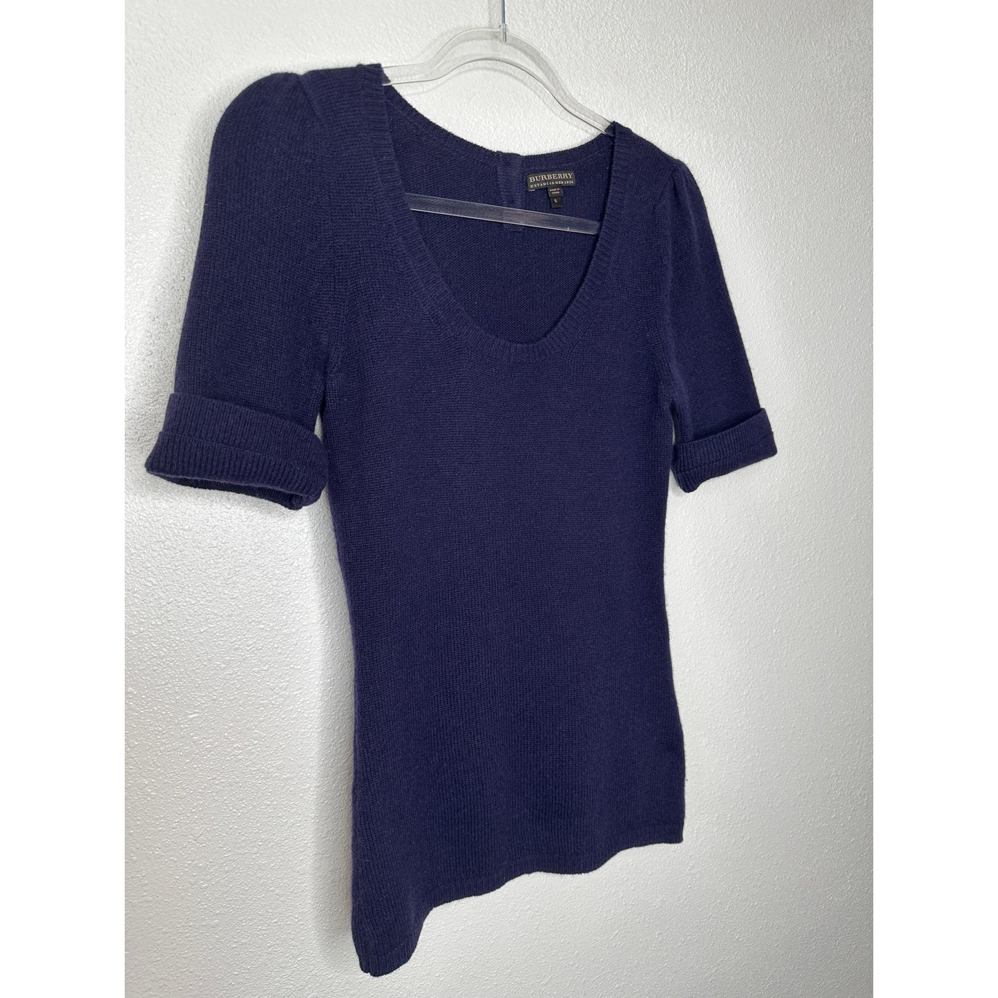 Burberry Dark Purple Round Neck Short Cuffed Sleeves Button Neck Sweater S