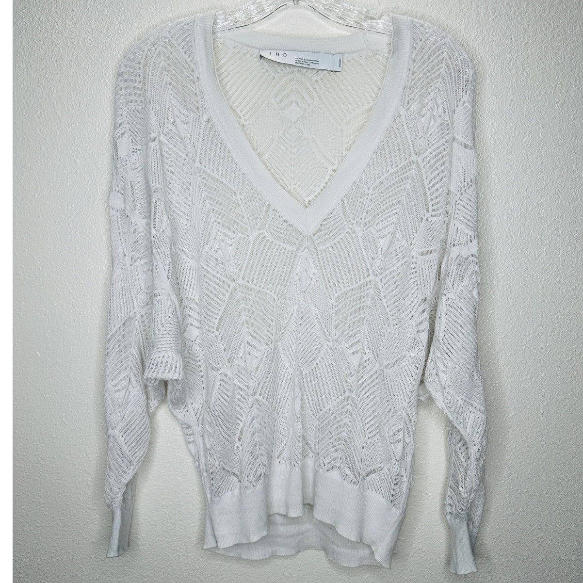 IRO Dusk White Crochet V Neck Lightweight Sweater Dolman Sleeves XS