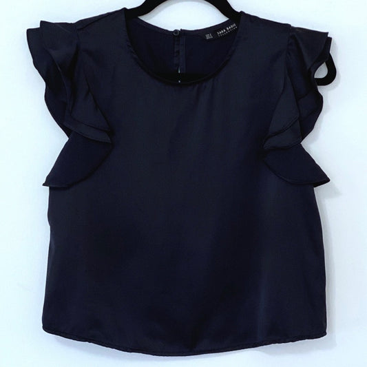 Zara Black Silky Scallop Ruffle Sleeve Blouse Small