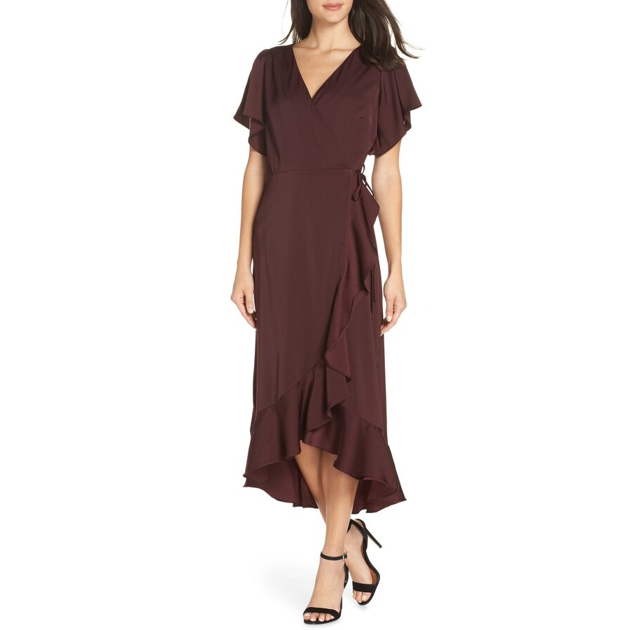 Chelsea28 Burgundy Maroon Flutter Sleeve Ruffle V-Neck Wrap Dress S