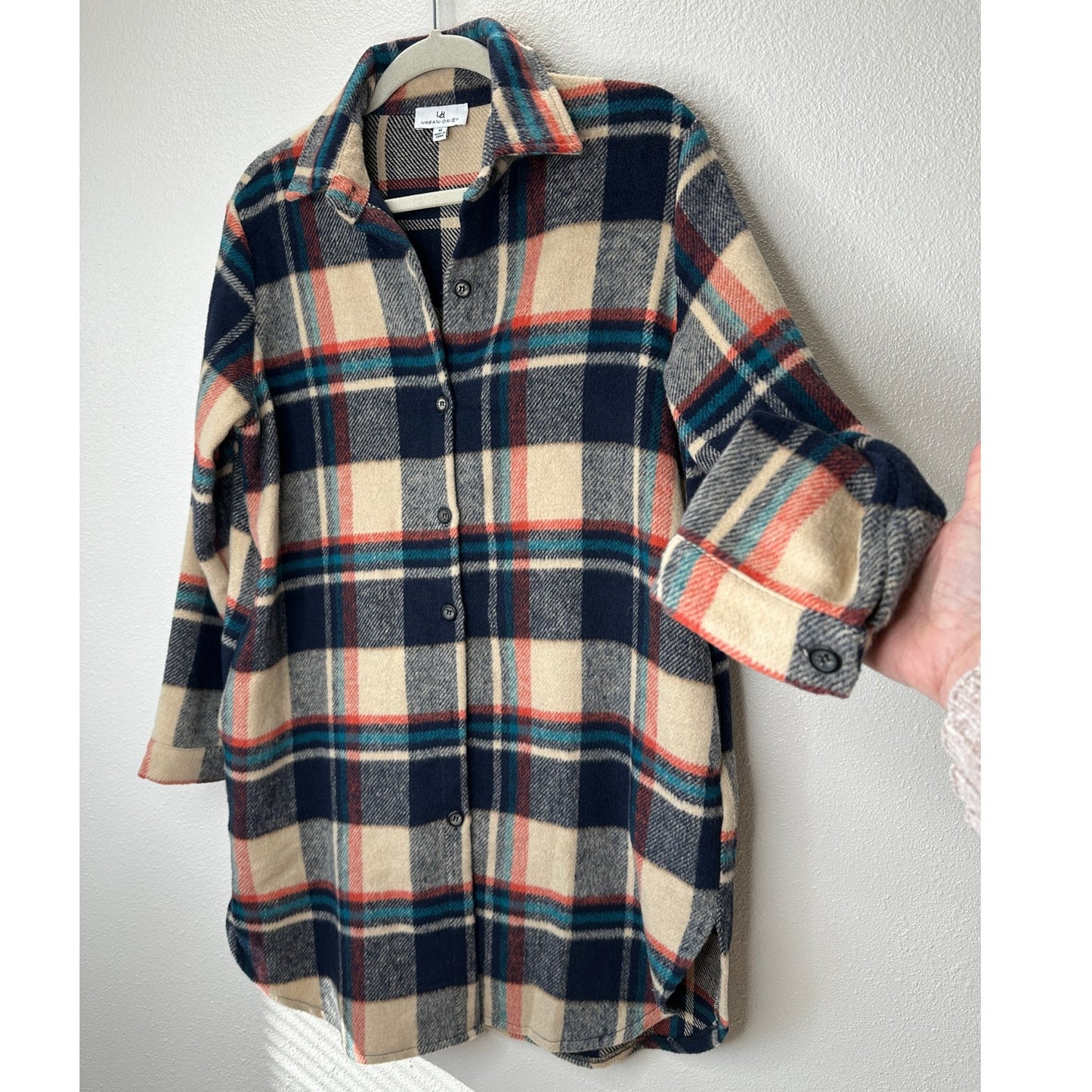 Urban Daizy Tan Navy Orange Plaid Button Long Sleeve Shacket M