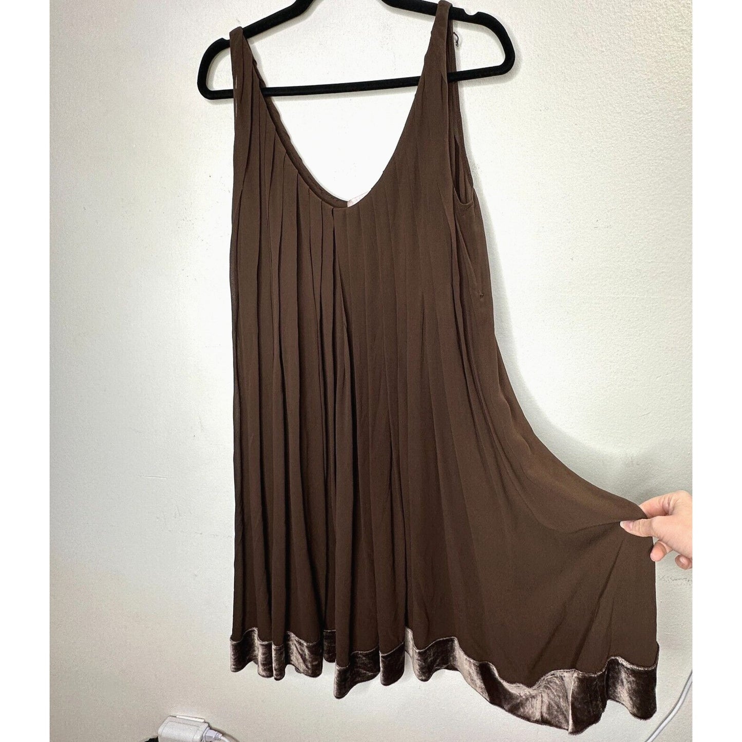 Rebecca Chocolate Flowy Sheer Pleated Round Neck Sleeveless Velvet Hem Dress 2