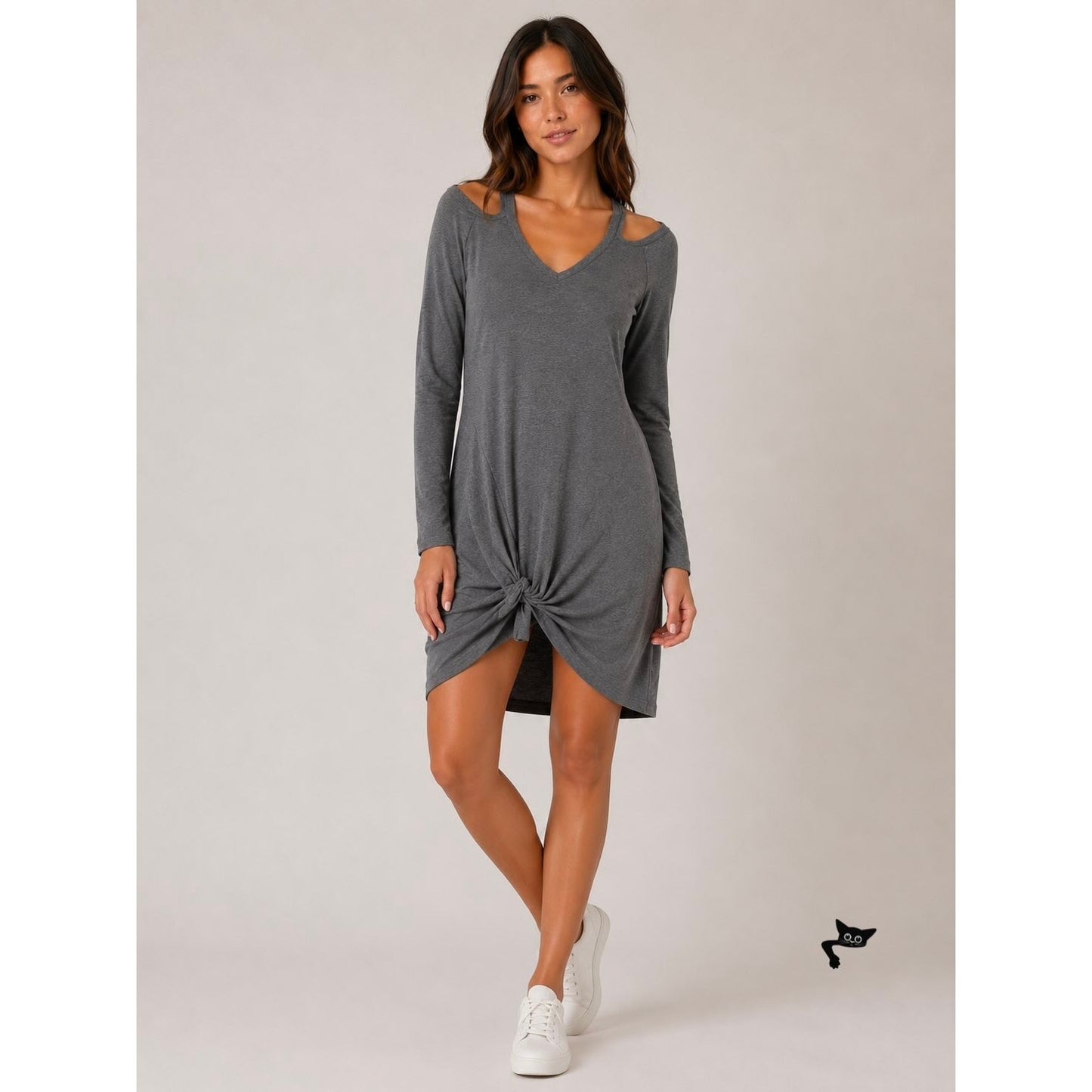 NWT Berryou Gray Cold-Shoulder Long Sleeve Front Tie Hem Knit Mini Dress Medium