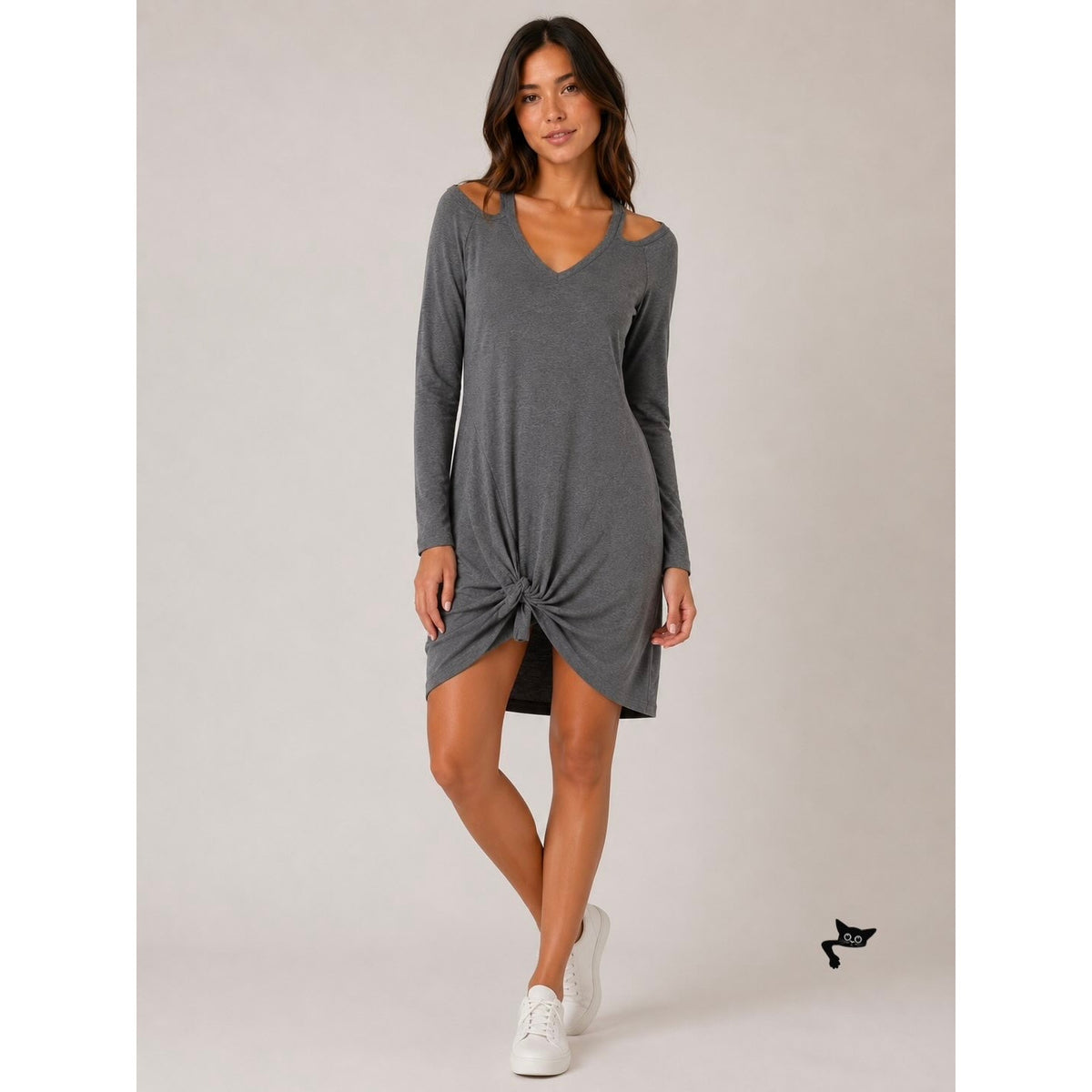 NWT Berryou Gray Cold-Shoulder Long Sleeve Front Tie Hem Knit Mini Dress Medium