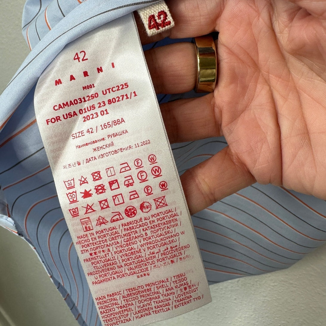 NWT Marni Camicia Organic Striped Cotton Poplin Iris Blue Collared Shirt 42 / 10