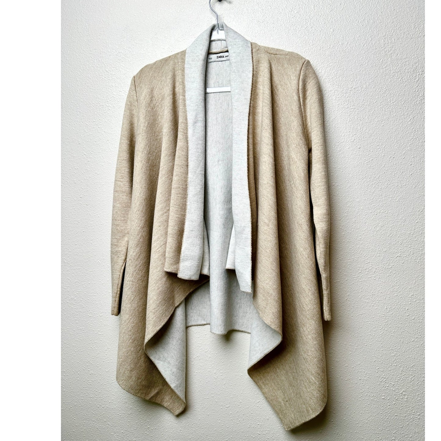 Zara Knit Two-Tone Waterfall Cardigan Sweater Tan/Cream Women M