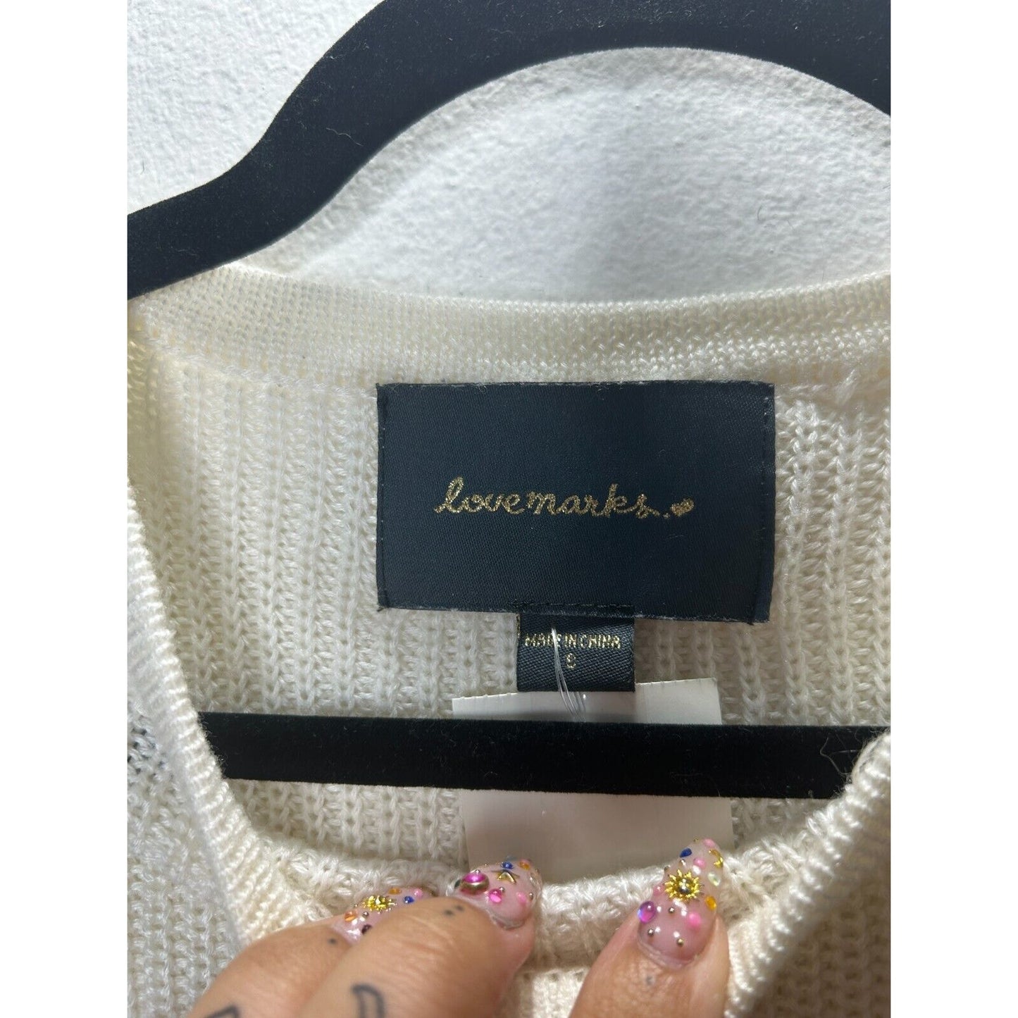Lovemarks White Ivory Knit Short Cuffed Sleeve High Low Round Neck Sweater S