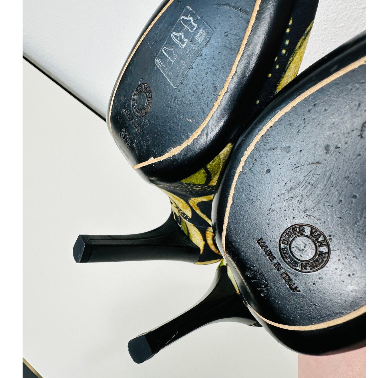 Dries Van Noten Italy Silk Leather Black Green Tan Platform 5" Heel Shoe 37.5 / 7.5