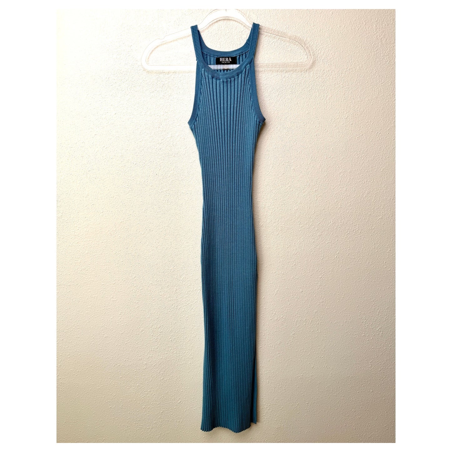 Hera Blue Ribbed Halter Sweater Midi Dress Bodycon Women's S