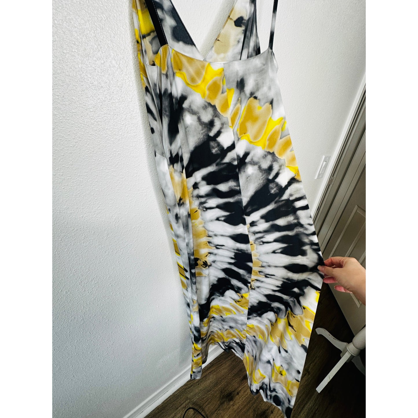 Chloe Silk Slip Maxi Dress Black Gray Yellow MultiColor Tie Dye abstract sz 2