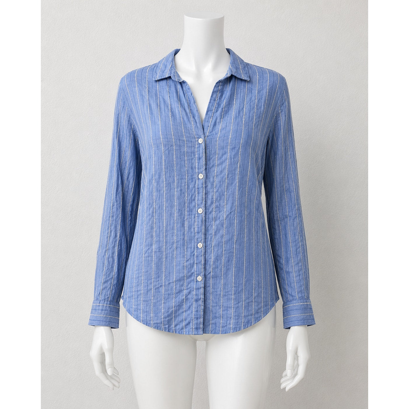 American Colors Denim Blue White Fuzzy Stitch Stripe Button Shirt M