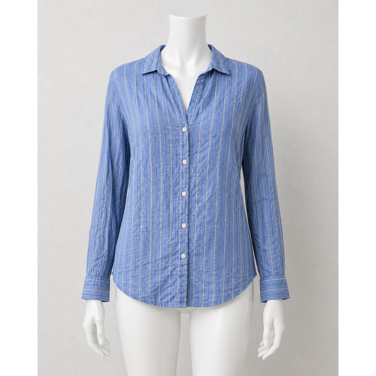 American Colors Denim Blue White Fuzzy Stitch Stripe Button Shirt M