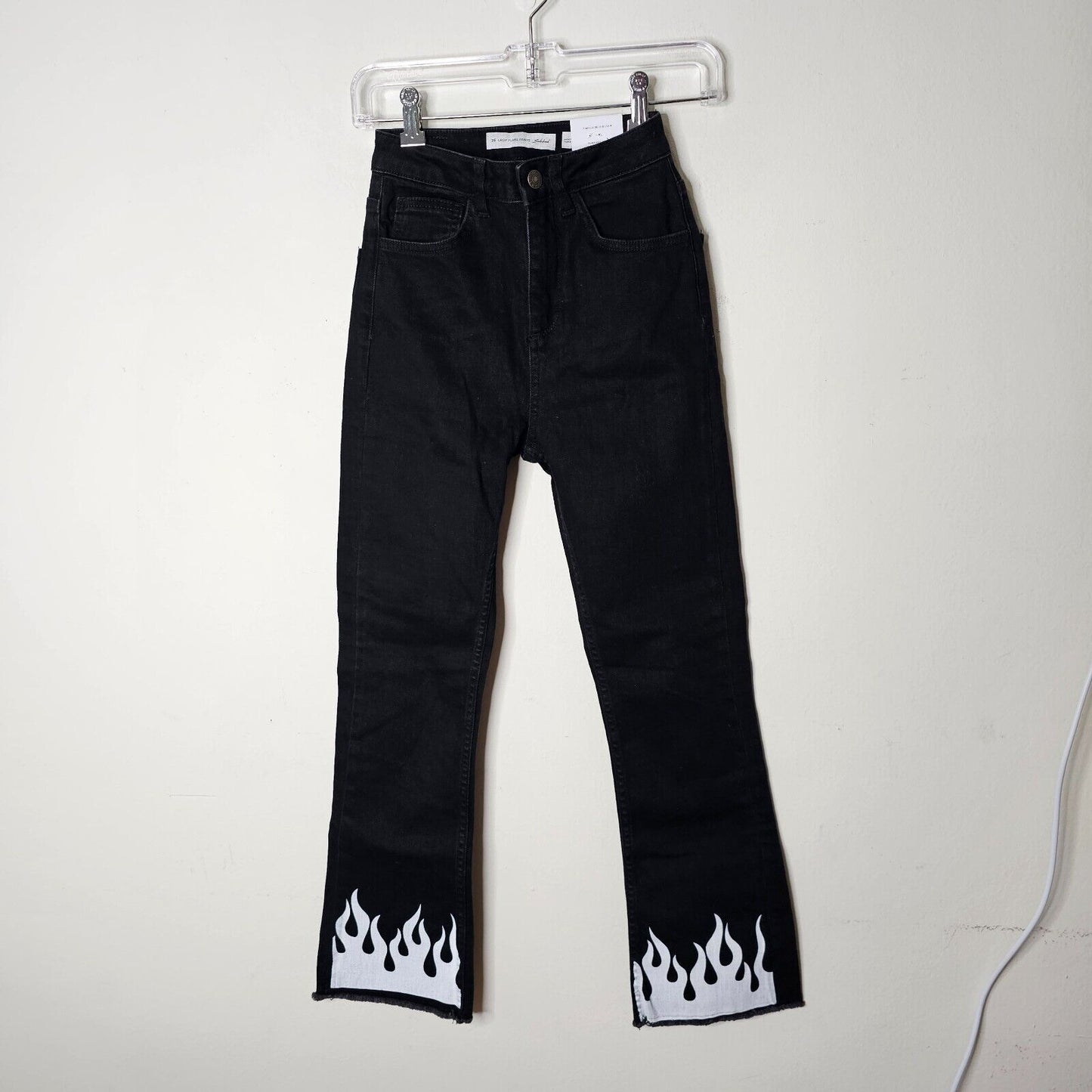 NWT Subdued Black Crop Flare Button Fly Raw Hem Front and Pocket White Flames 26