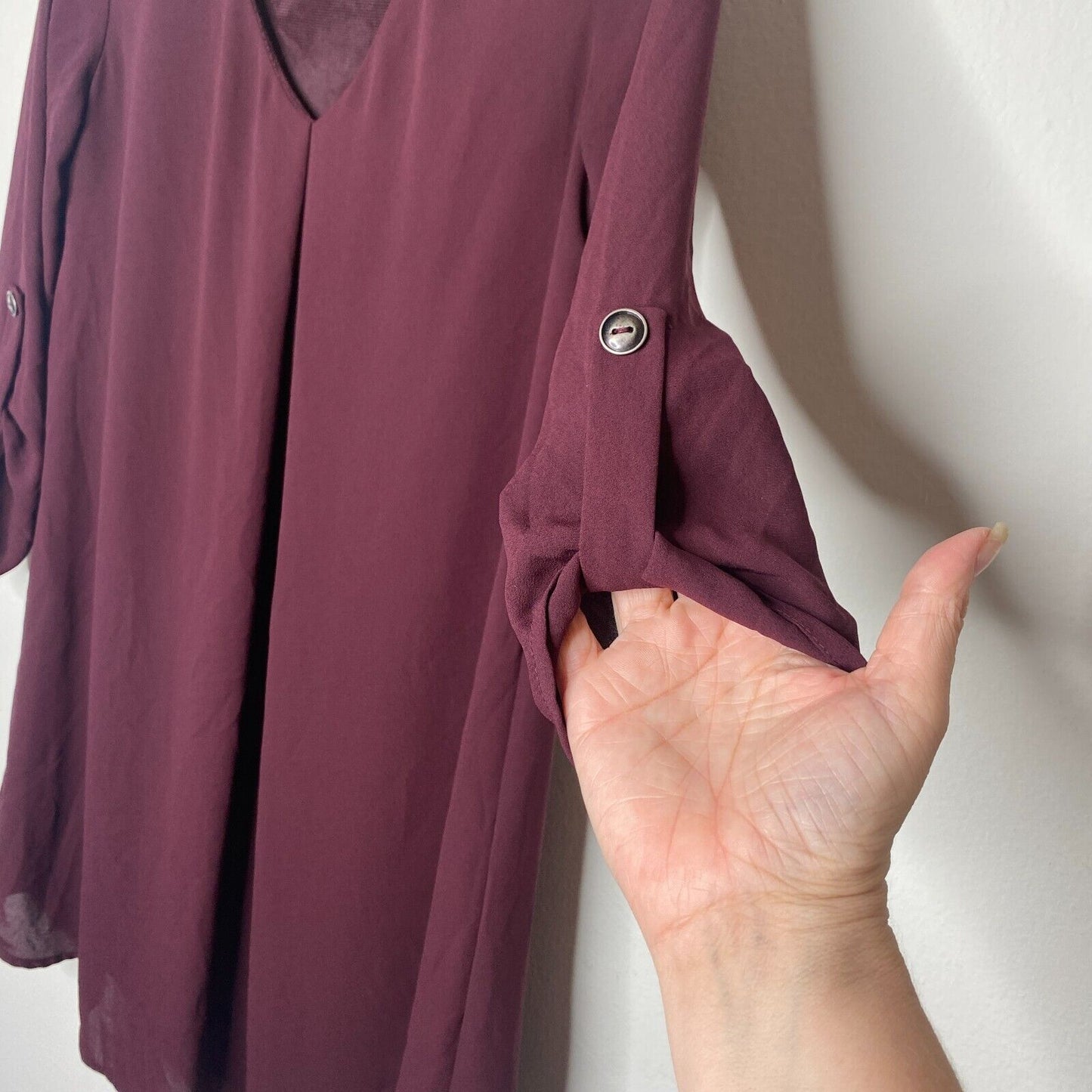Lush Inverted Pleat V-Neck Plum Drapey Shirt Tail Dress 3/4 Tab Sleeves XS