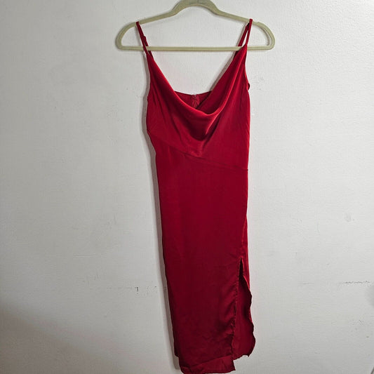 D&M Red Sexy Spaghetti Strap Drape Neck Front Slit Back Zip Satin Dress Small