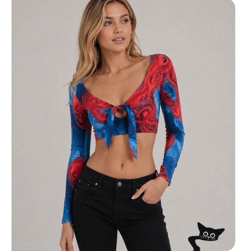 NWT Icon Swim Blue & Red Moment Like This Bikini Swirl Print Long Sleeve Top S