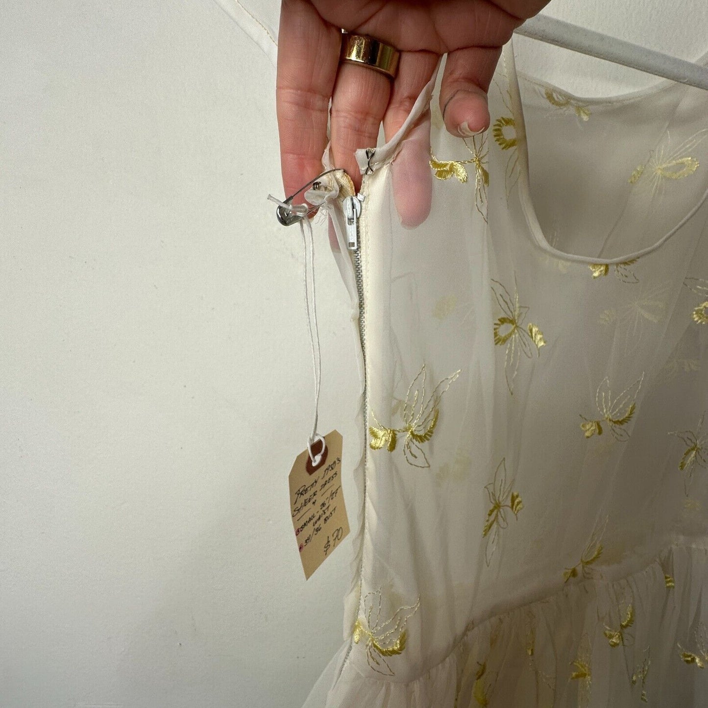 VINTAGE Sheer 50s Pale Lemon Yellow Floral Design Embroidered Sleeveless Dress