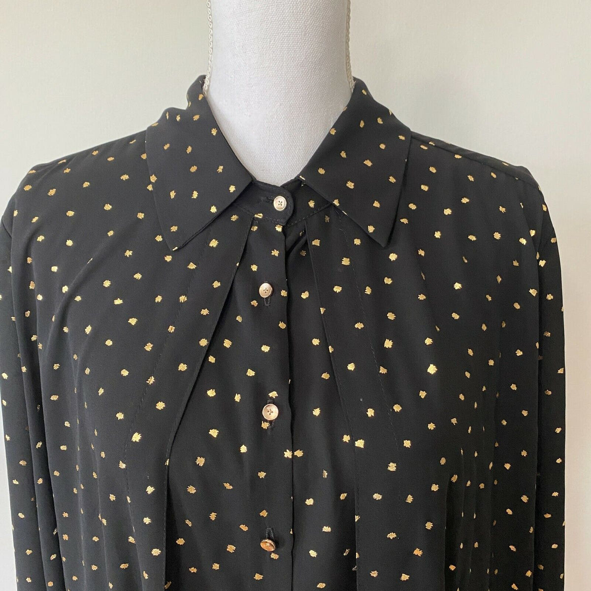 Cartise Black and Gold Polka Dot Button Down Shirt Sheer Front Overlay Panel 14