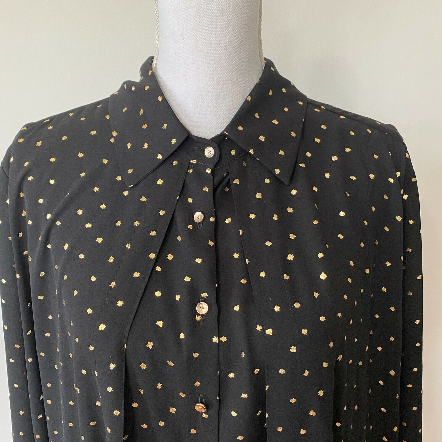 Cartise Black and Gold Polka Dot Button Down Shirt Sheer Front Overlay Panel 14