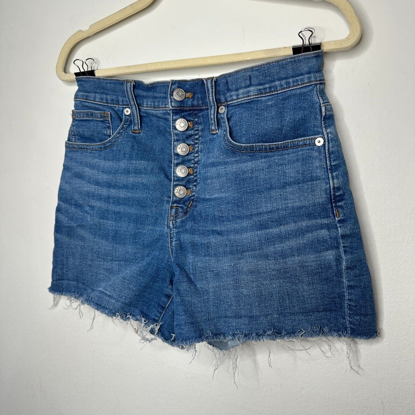 Madewell High Rise Denim Button Fly Shorts Derby Medium Wash Raw Cuffs 26