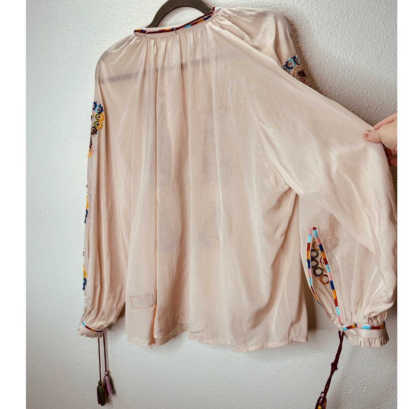 Fortela Ghodsi Tan Multicolor Beade Embroider Print Peasant Blouse 40