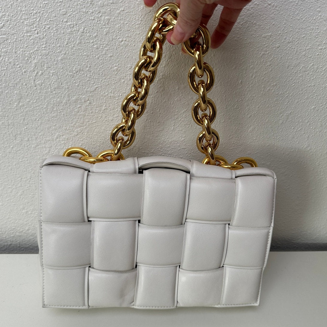 Bottega Veneta Chain Cassette Padded Lambskin Off White Gold Chain Bag