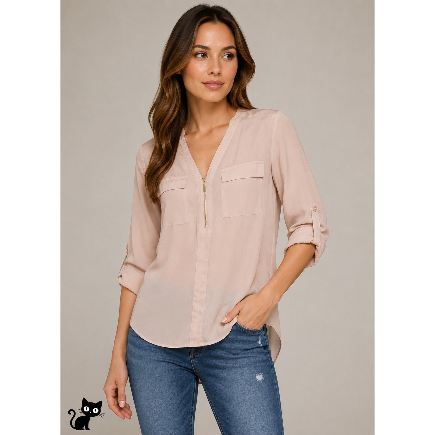 Express Pale Peach Two Pocket Zip Front Roll Tab Sleeve Popover Top M
