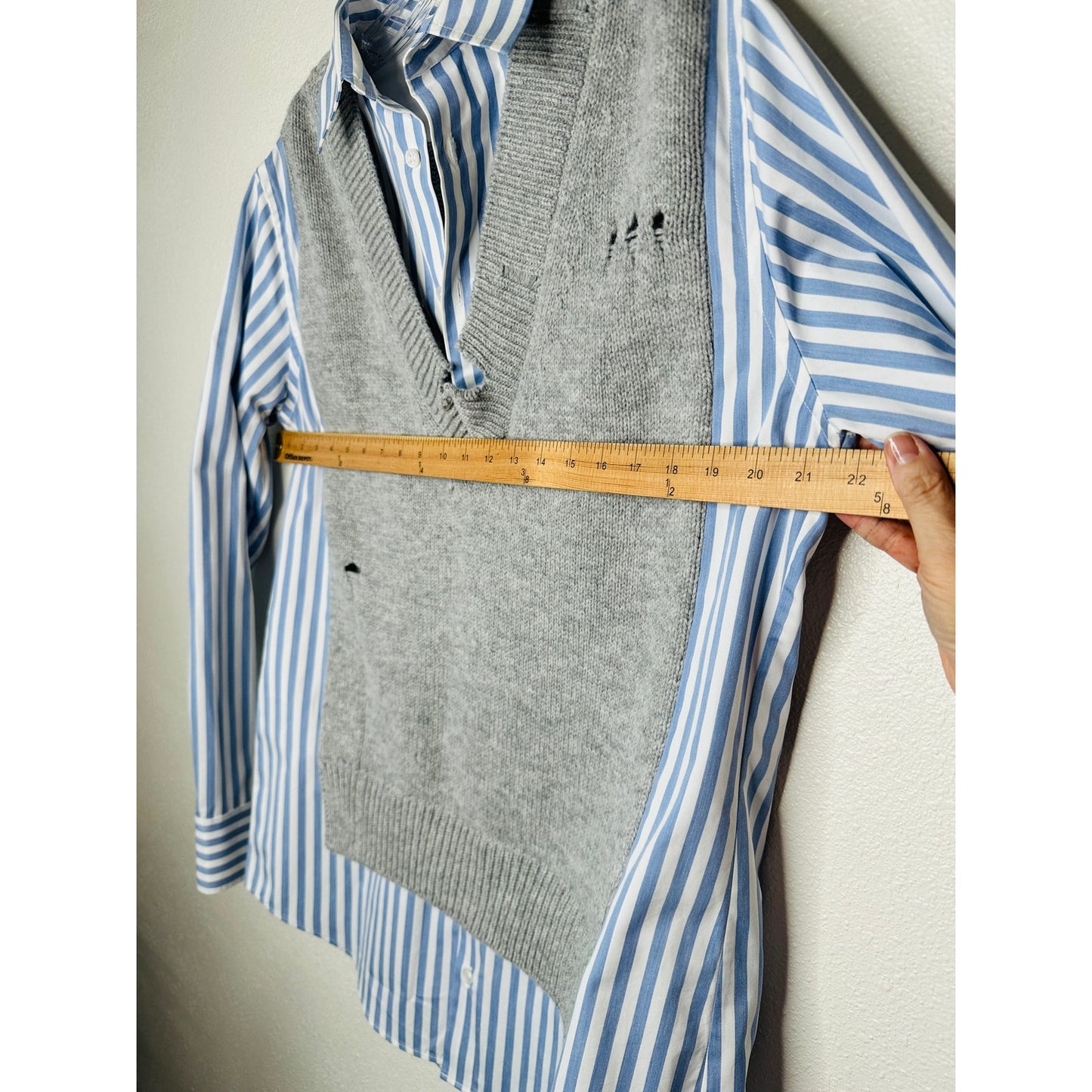 Maison Margiela Distressed Gray Vest Layered Blue & White Stripe Shirt