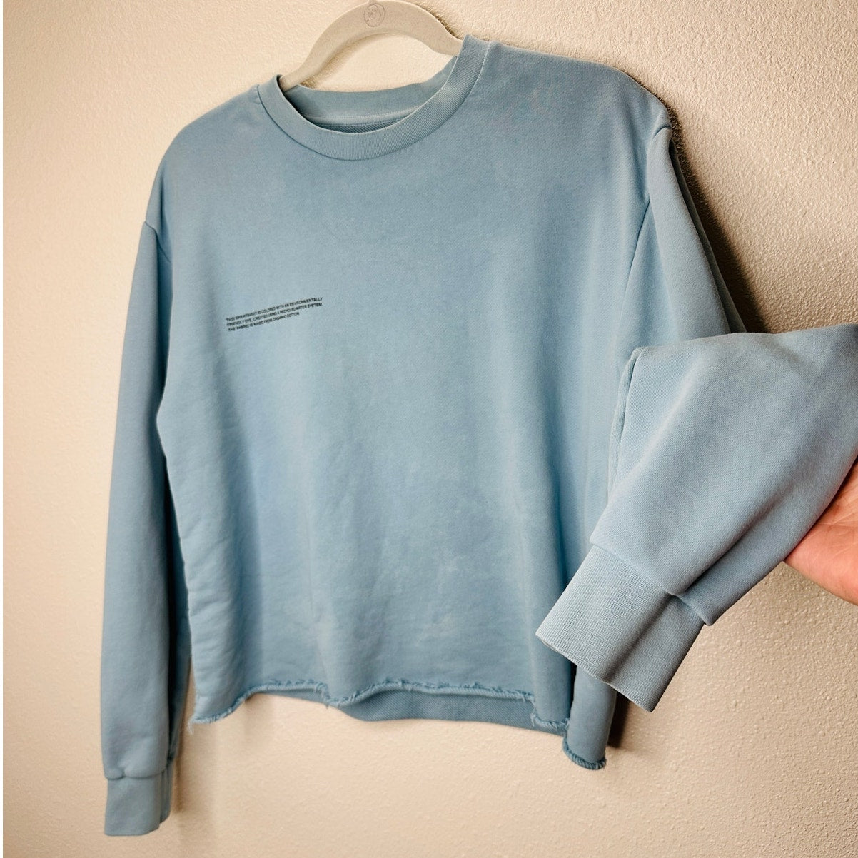 Pangaia Light Blue Long Sleeve Raw Cut Cropped Hem Round Neck Sweater S