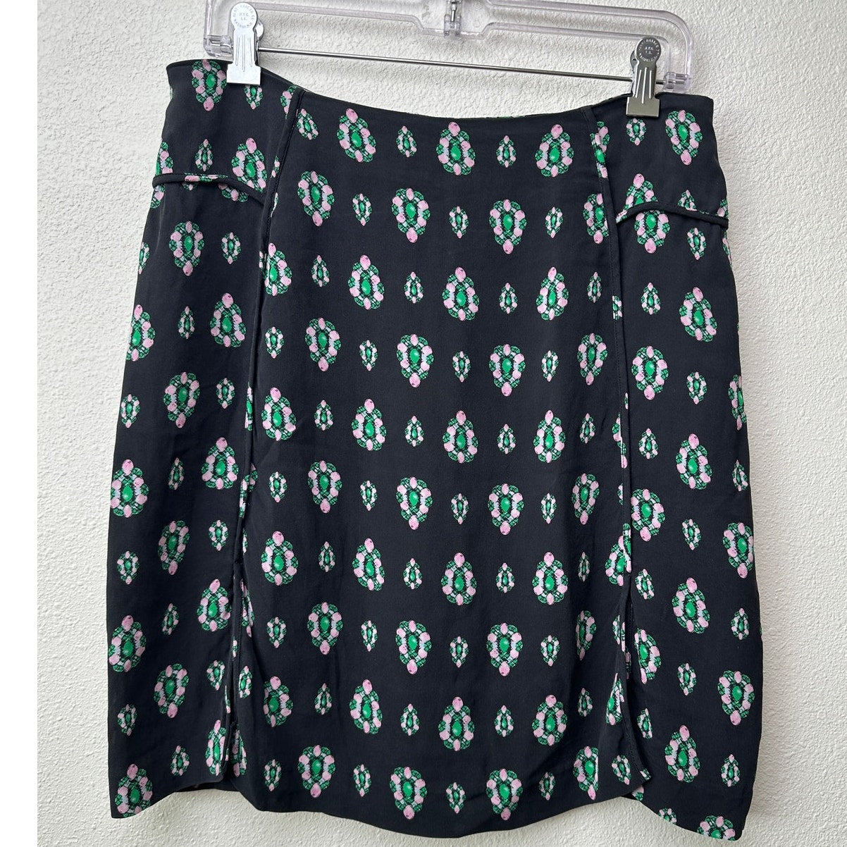 Alannah Hill Black Gem Print Front Slit Silk Skirt US 12
