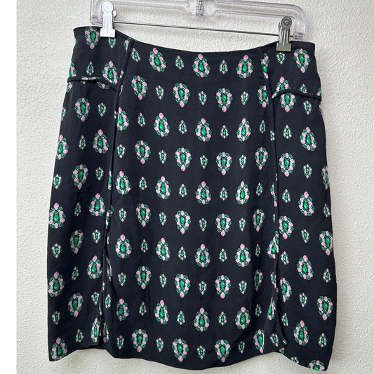 Alannah Hill Black Gem Print Front Slit Silk Skirt US 12
