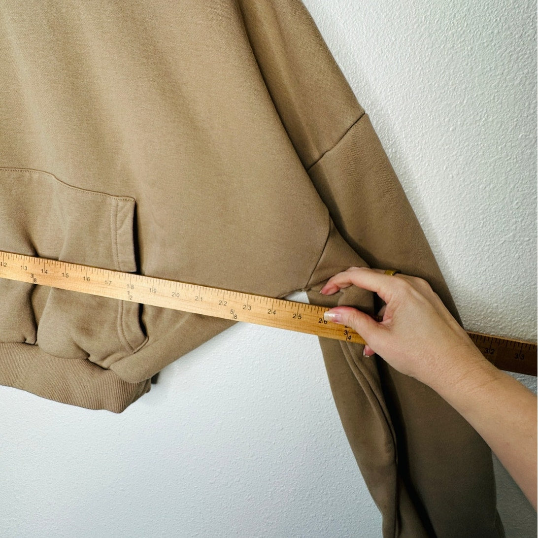 Popflex Tan Taupe Kangaroo Pocket Drop Shoulder Crop Pullover Hoodie S/M