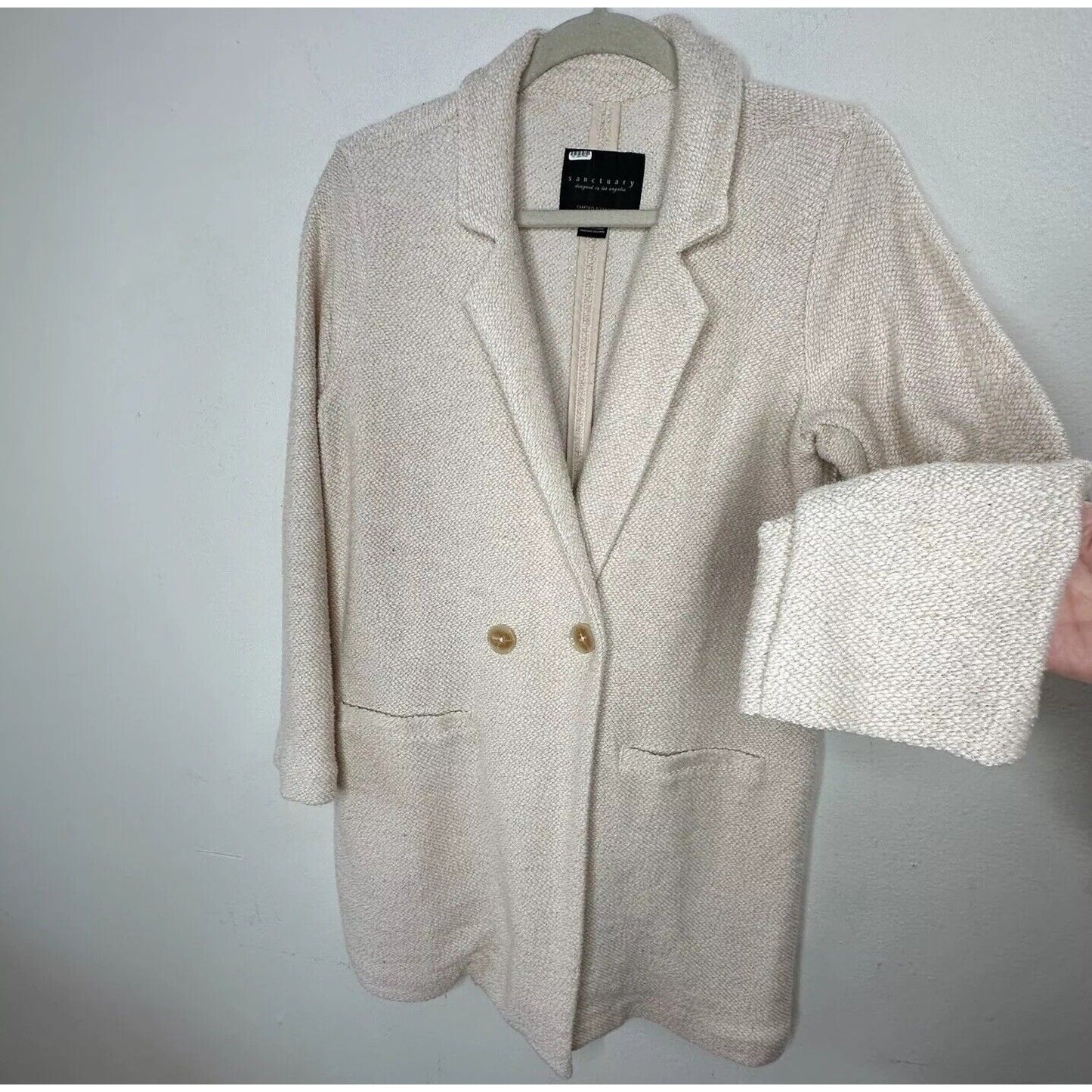 Sanctuary Cream Longline Knit Blazer 2 Button, Pocketed, Effortless Chic XSP