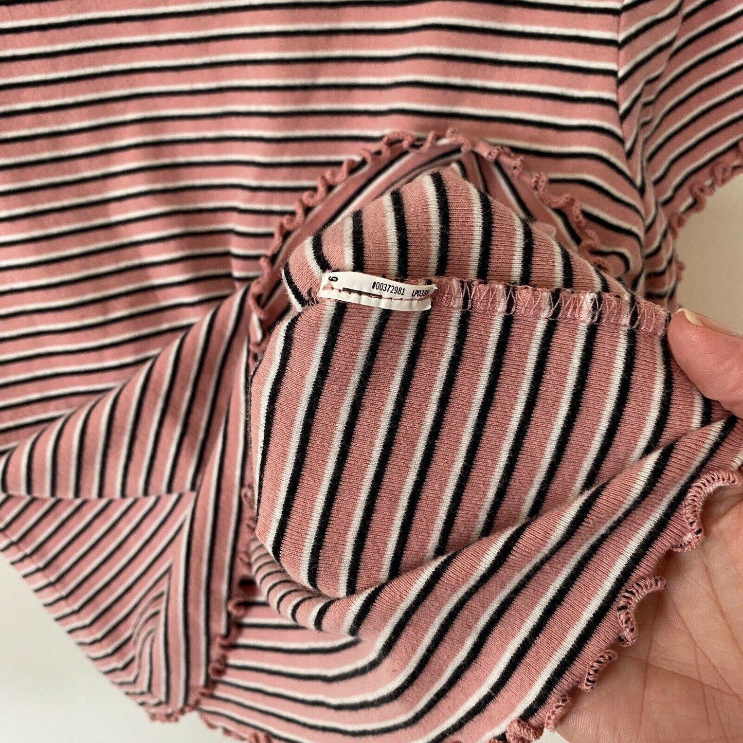 Blush Pink Black & White Stripe Round Neck Crop Top Lettuce Hem Top 1X