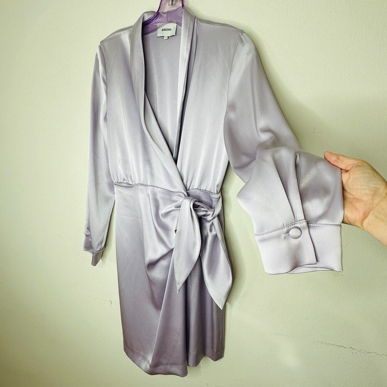 Nanushka Lilac Siwa Tech Satin Wrap Dress Asymmetrica V-Neck Concealed Snap S