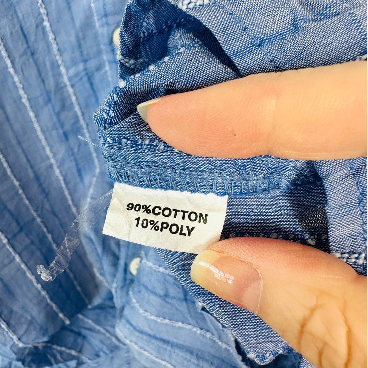 American Colors Denim Blue White Fuzzy Stitch Stripe Button Shirt M