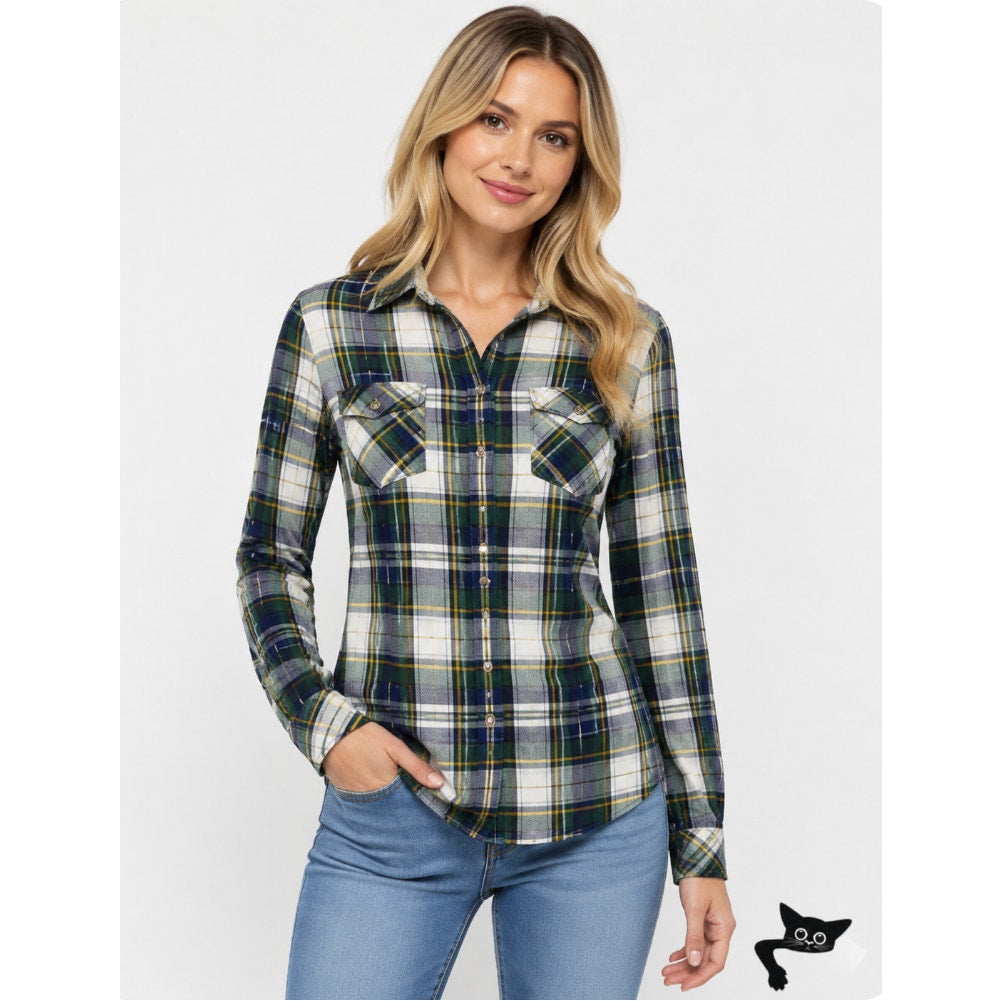 Mossimo Supply Green Blue Yellow White Plaid Button Front Long Sleeve Shirt SM