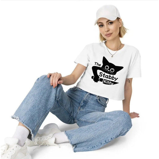 The Stabby Kitty® Soft Cotton White Black Logo Relaxed Drop Shoulder Crop XL