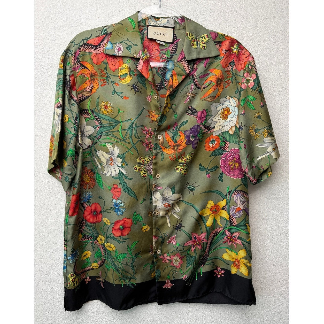 Gucci Olive Flora Snake Silk Camp Shirt Men's US 34