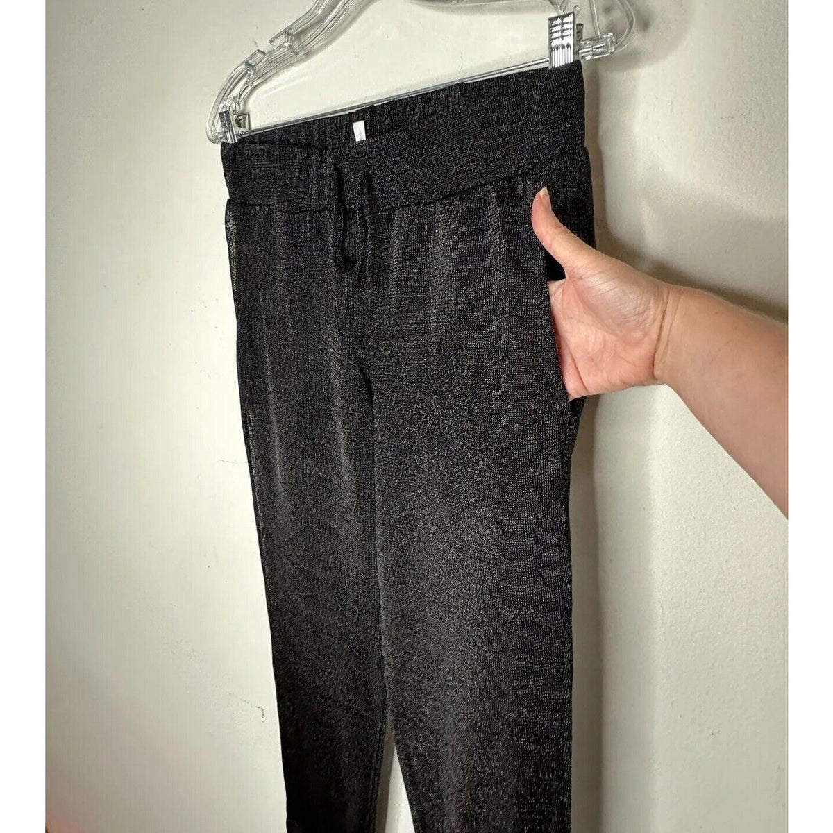 Elaine Field Black Metallic Shimmer & Sheer Mesh Tie Waist Slash Pocket Pants 1