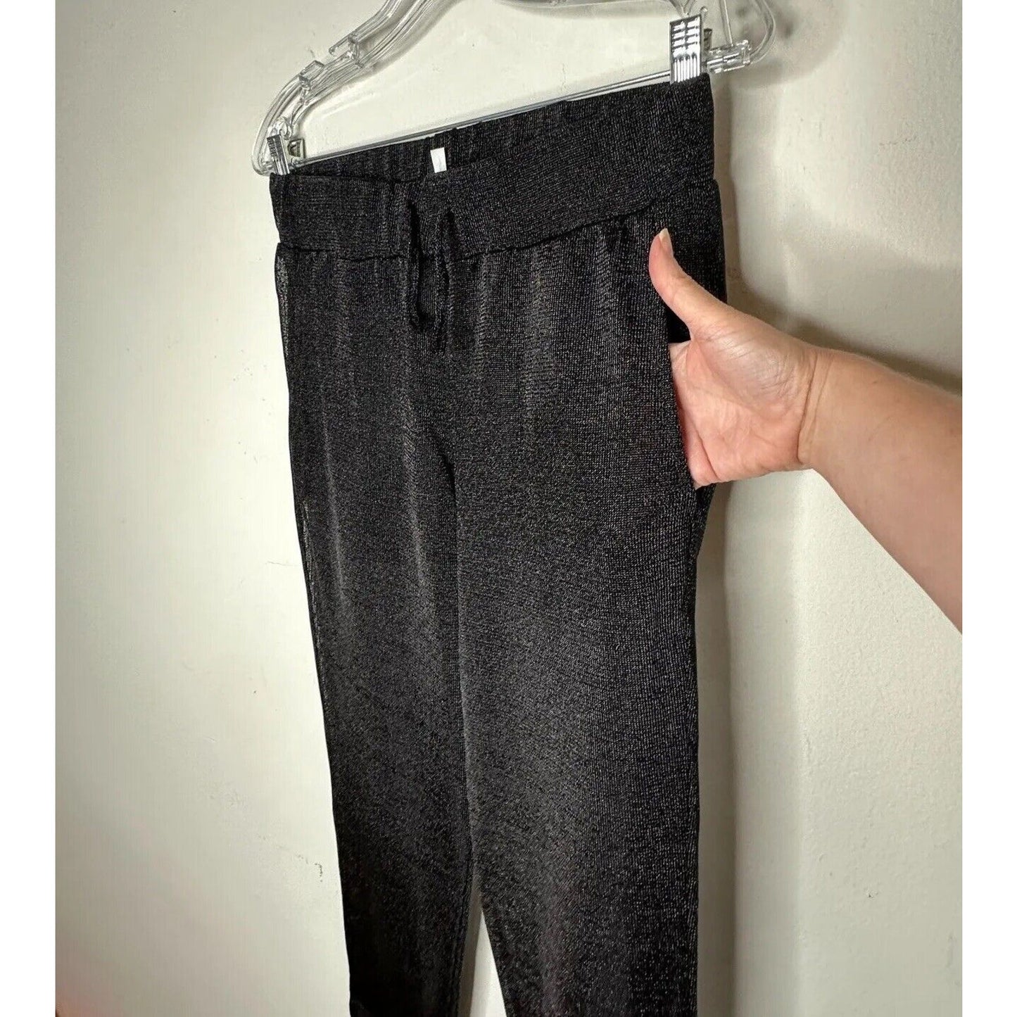 Elaine Field Black Metallic Shimmer & Sheer Mesh Tie Waist Slash Pocket Pants 1