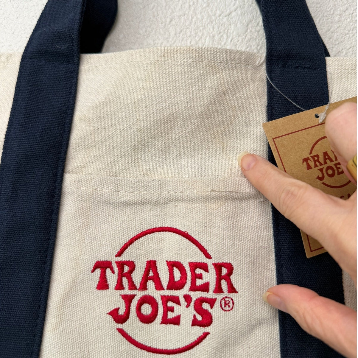 NWT Trader Joe’s Mini Canvas Tote Bag Navy Cream Red Logo Grocery Shopper