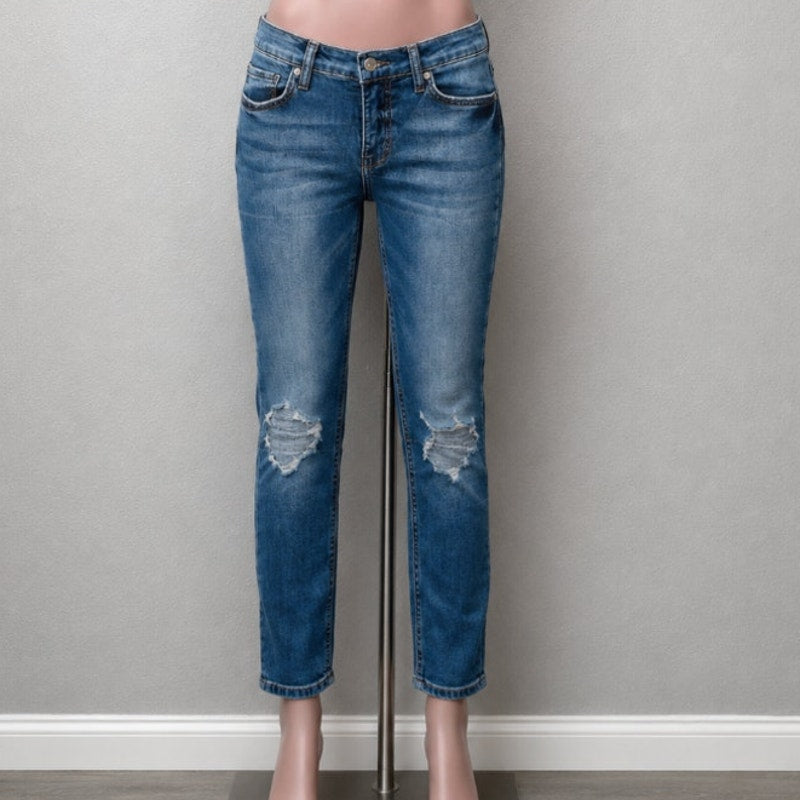 Free People Medium Wash Distressed Knee High Waist Skinny Jeans 29